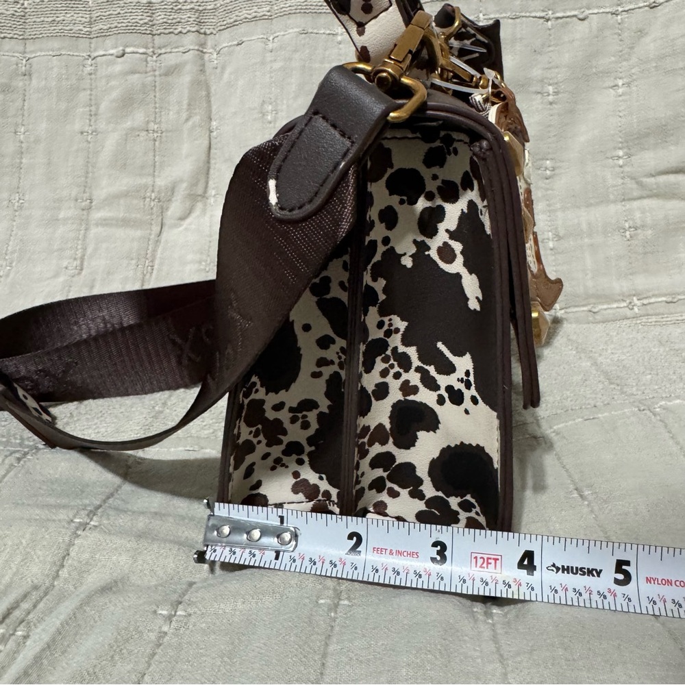 Betsey Johnson Western Brown & Black Cow Crossbody Bag with Heart Accents Charms - Picture 15 of 16